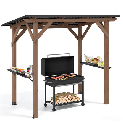 Cedar Wood Grill Gazebo with Metal Roof and Side Shelves