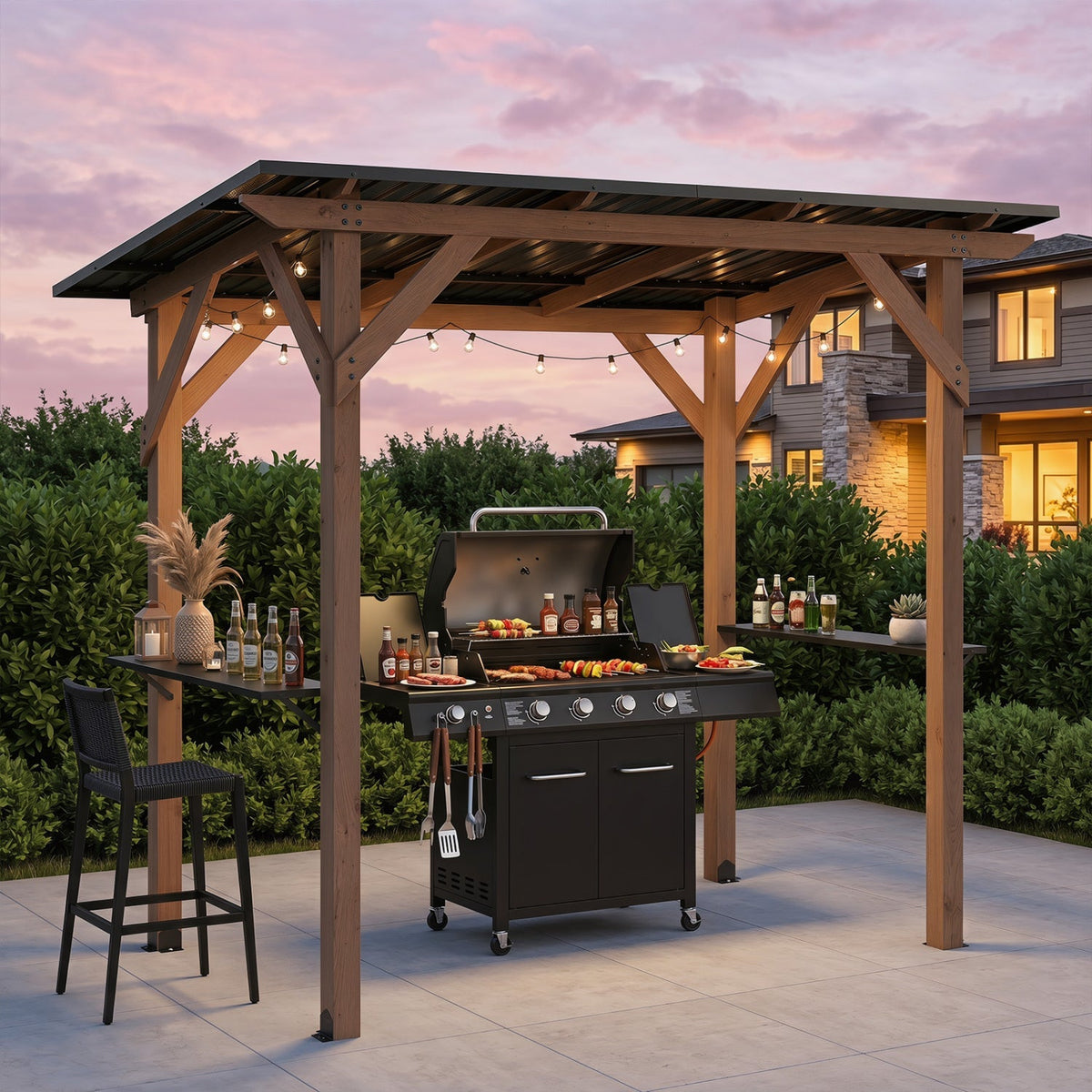 Cedar Wood Grill Gazebo with Metal Roof and Side Shelves