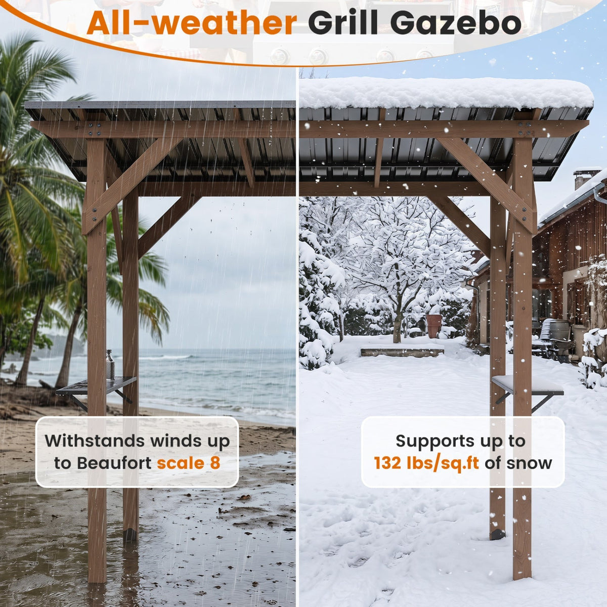 Cedar Wood Grill Gazebo with Metal Roof and Side Shelves