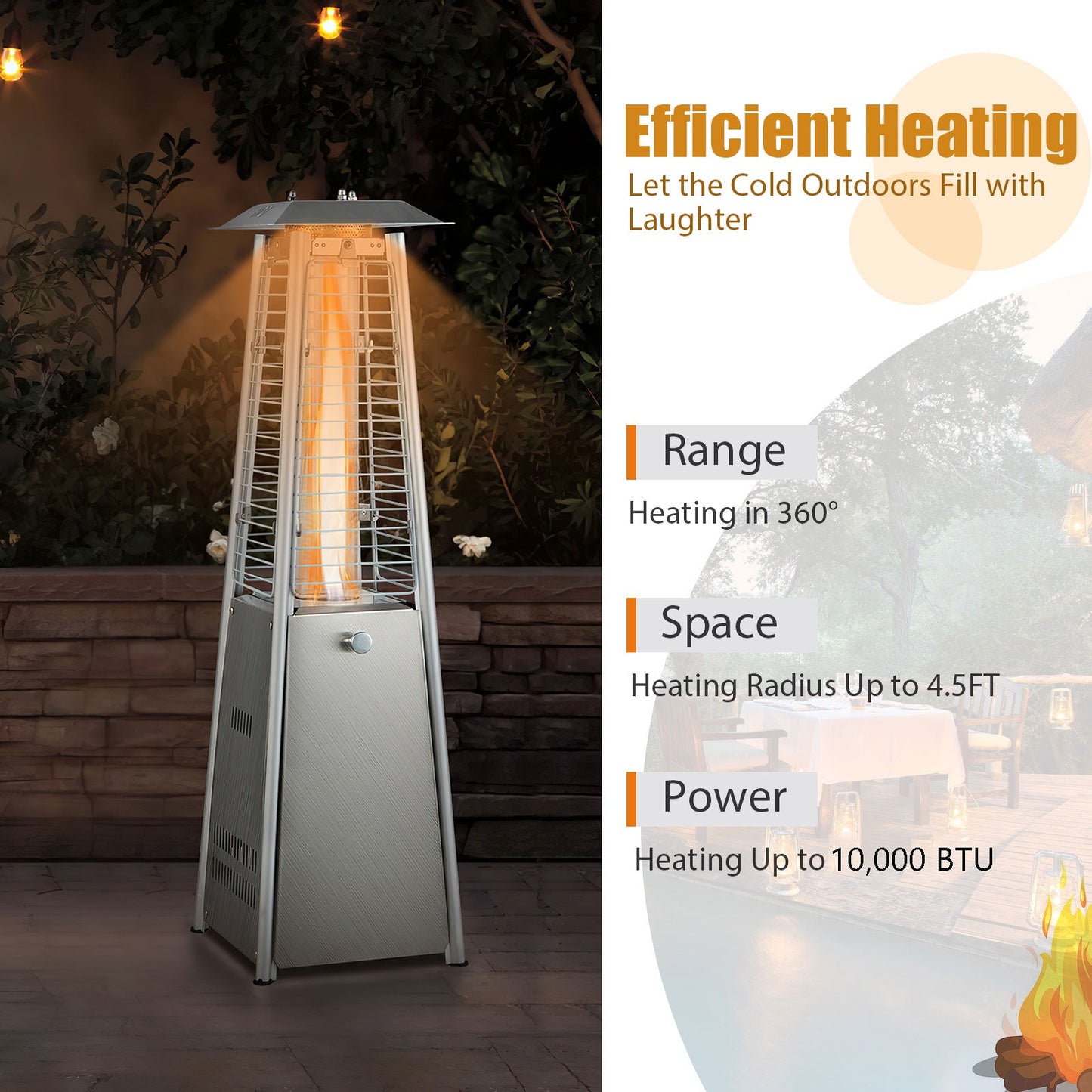 10,000 BTU Portable Stainless Steel Tabletop Patio Heater with Glass Tube