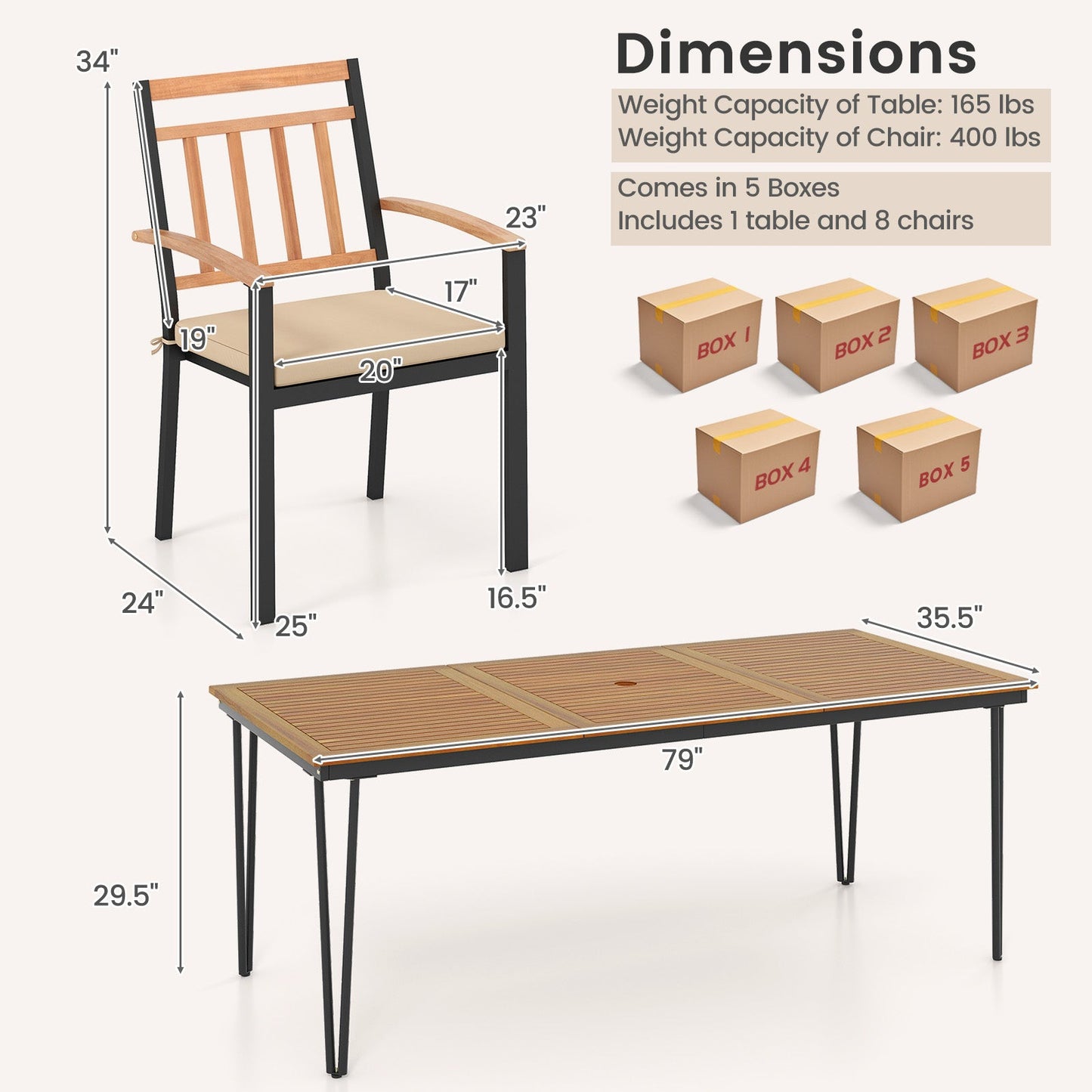 9-Piece Patio Dining Set 35.5 Inch Acacia Wood Table with Umbrella Hole and 24-Inch Wide Chairs