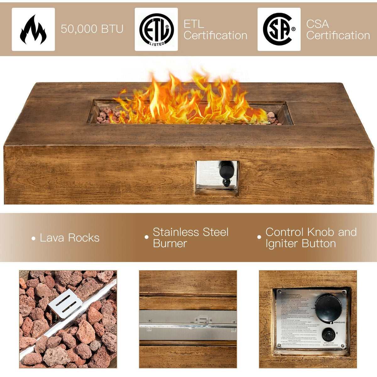48 x 27 Inch Outdoor Propane Fire Pit Table