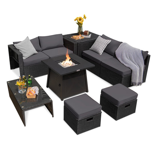 9 Piece Outdoor Wicker Patio Set with 30 Inch Propane Fire Pit