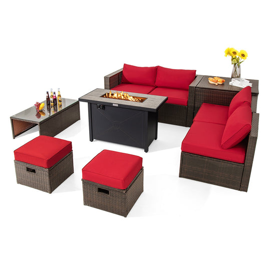 9 Piece Outdoor Wicker Patio Set with 42 Inch Propane Fire Pit Table