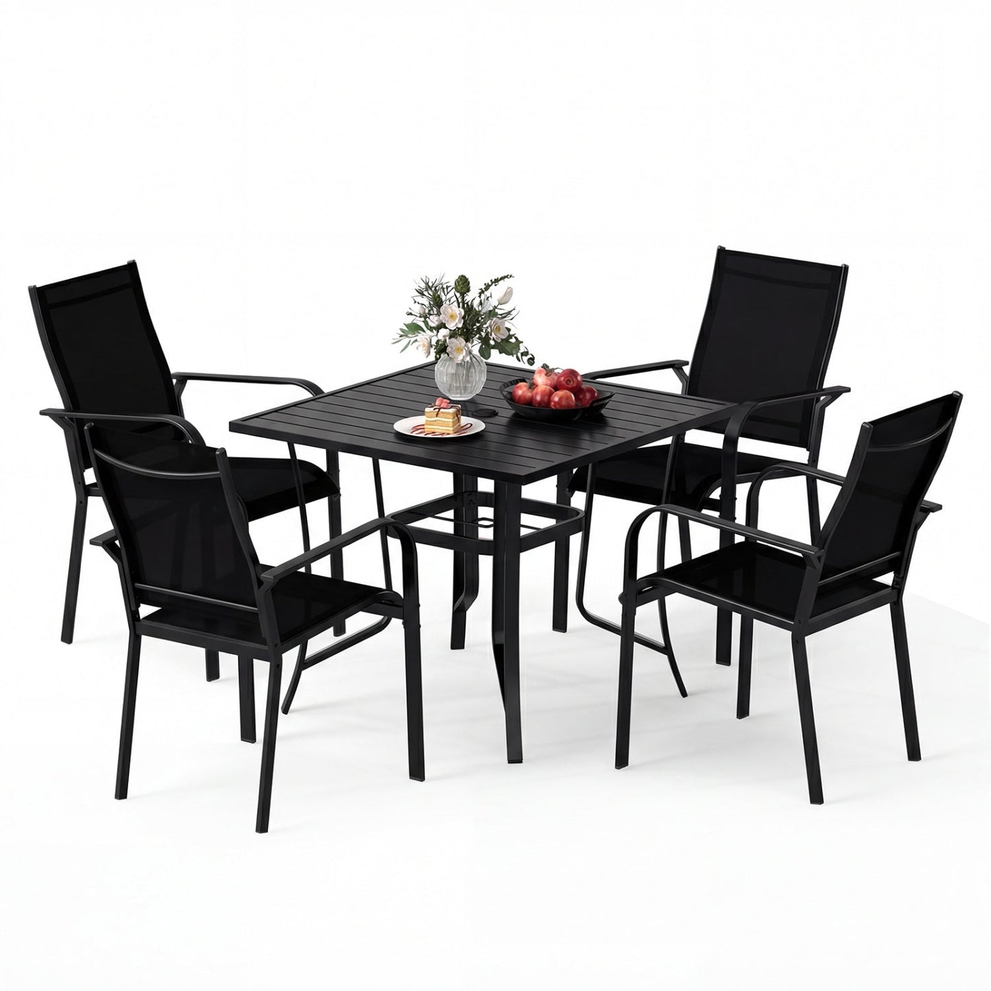5 Pieces Patio Dining Set for 4 Outdoor Square Table and Stackable Chairs