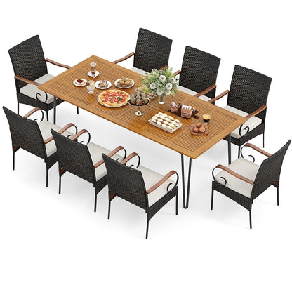 9 Pieces Outdoor Patio Dining Set with Soft Cushions and Umbrella Hole