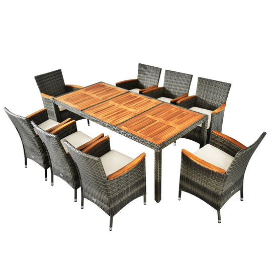 9 Piece Acacia Wood and Wicker Outdoor Dining Set