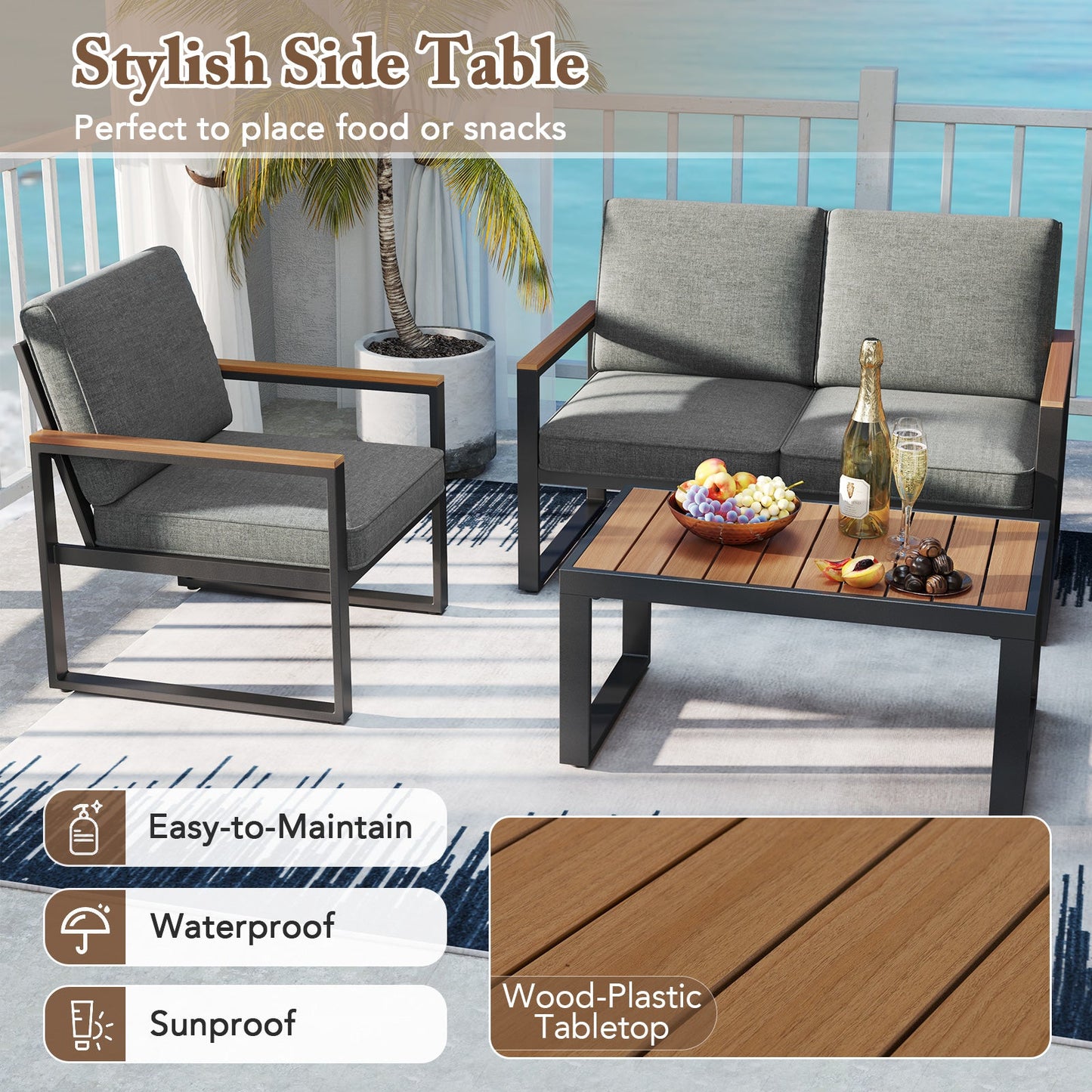4 Piece Patio Aluminum Furniture Set with Armrests and Tabletop-Gray