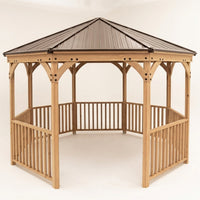 DIY Meridian 12 Ft. Octagon Enclosed Wood Outdoor Patio Gazebo with Brown Hardtop Metal Roof and 36 In. Guard Rail — Studio Shot