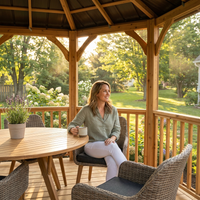 DIY Meridian 12 Ft. Octagon Enclosed Wood Outdoor Patio Gazebo with Brown Hardtop Metal Roof and 36 In. Guard Rail — Lifestyle
