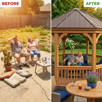 Outdoor Gazebo Built for Year-Round Use, 12ft Octagon, Cedar Wood, Metal Roof, 36in Guard Rails — Before & After