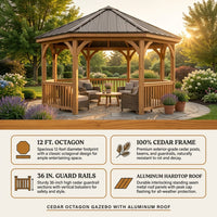 Outdoor Gazebo Built for Year-Round Use, 12ft Octagon, Cedar Wood, Metal Roof, 36in Guard Rails — Results & Stats