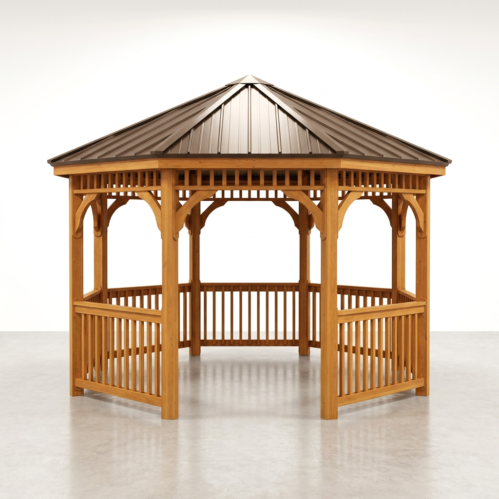 Outdoor Gazebo Built for Year-Round Use, 12ft Octagon, Cedar Wood, Metal Roof, 36in Guard Rails — Studio Shot