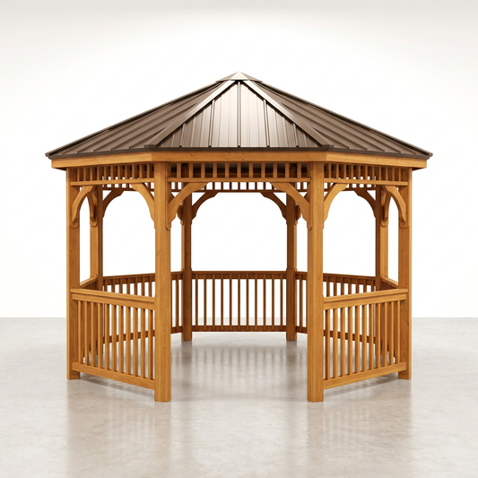 Outdoor Gazebo Built for Year-Round Use, 12ft Octagon, Cedar Wood, Metal Roof, 36in Guard Rails — Studio Shot