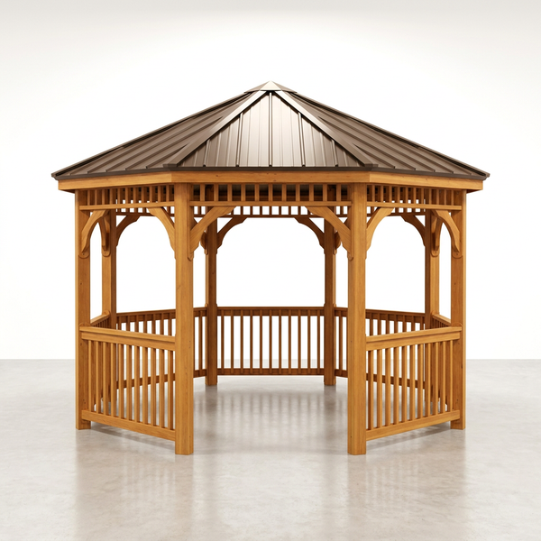 Outdoor Gazebo Built for Year-Round Use, 12ft Octagon, Cedar Wood, Metal Roof, 36in Guard Rails — Studio Shot