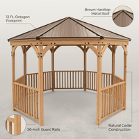 Outdoor Gazebo Built for Year-Round Use, 12ft Octagon, Cedar Wood, Metal Roof, 36in Guard Rails — infographic