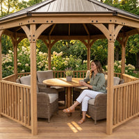 Outdoor Gazebo Built for Year-Round Use, 12ft Octagon, Cedar Wood, Metal Roof, 36in Guard Rails — Lifestyle