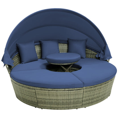 Outdoor PE Wicker Round Daybed with Retractable Canopy and Cushions-Navy