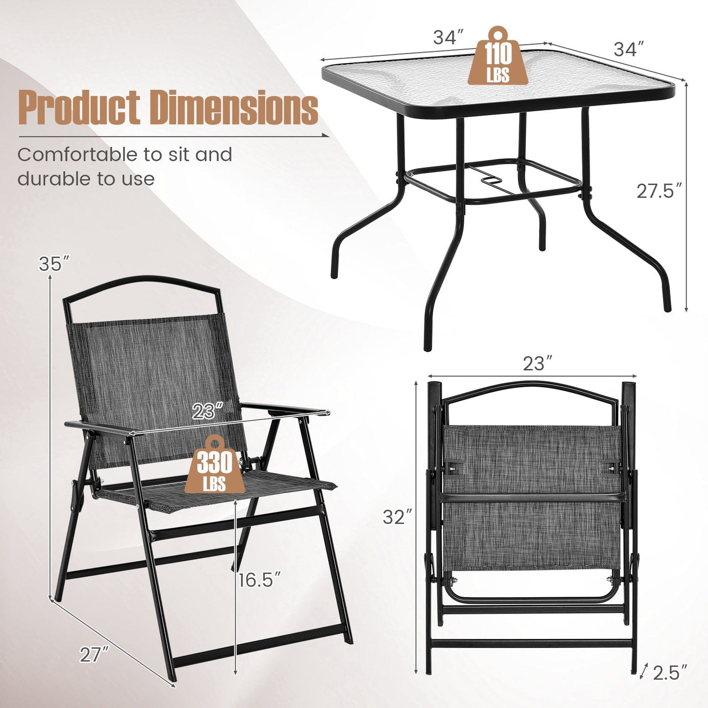 Patio Dining Set for 4 with Umbrella Hole-Gray