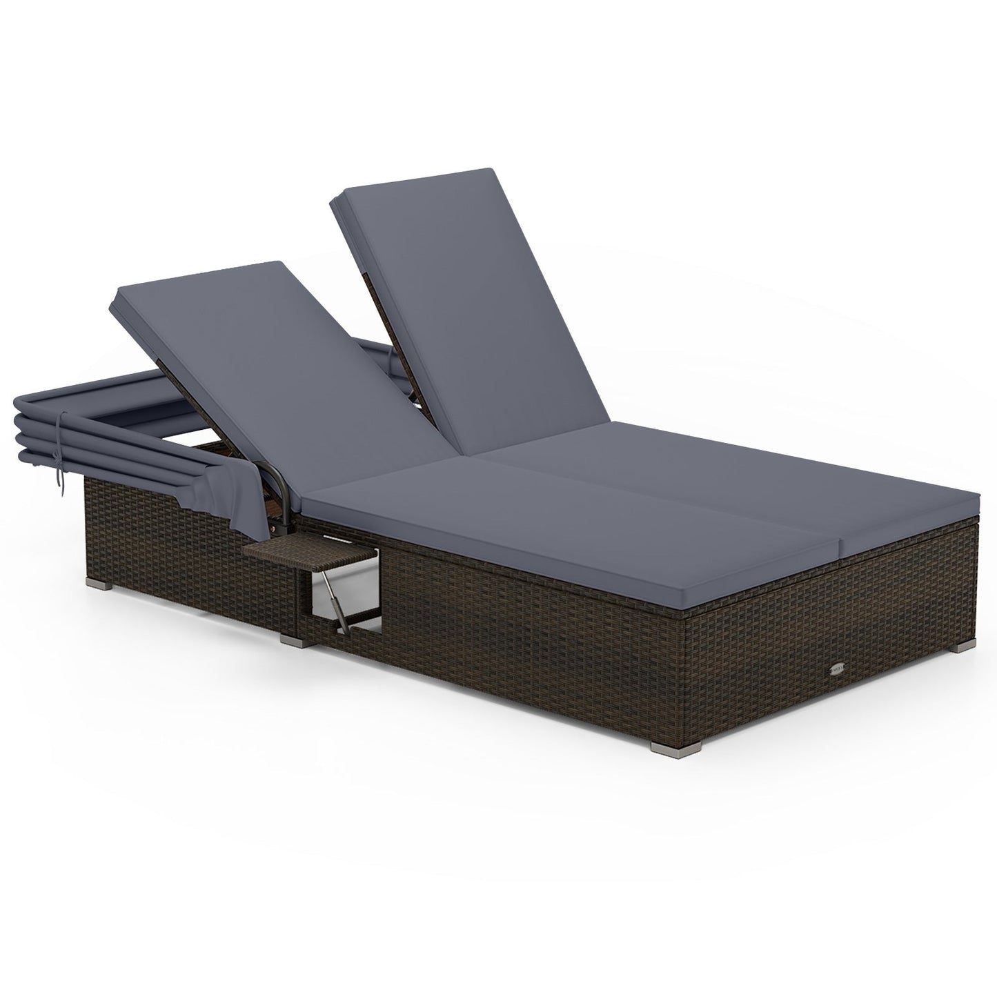 Patio Double Chaise Lounge with Shade Cushions and Folding Side Trays