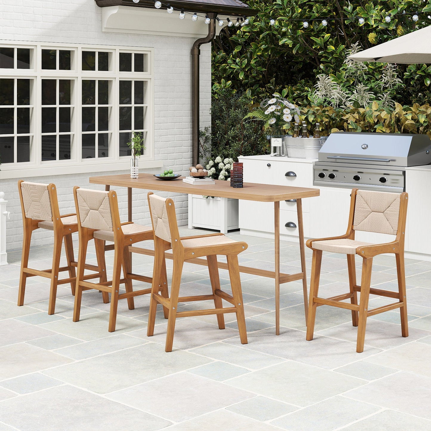 Set of 2 Outdoor Counter Height Bar Stool Woven Paper Rope Patio Barstool with Teak Wood Frame