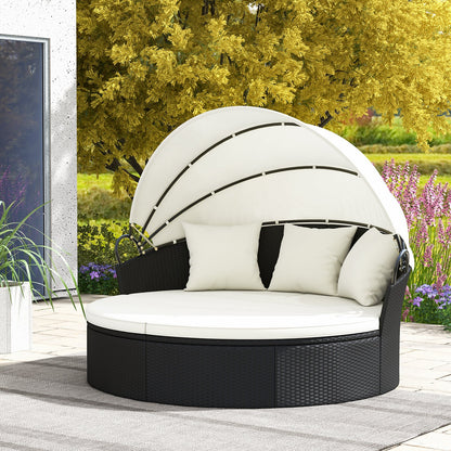 Clamshell Patio Round Daybed Wicker with Retractable Canopy and Pillows