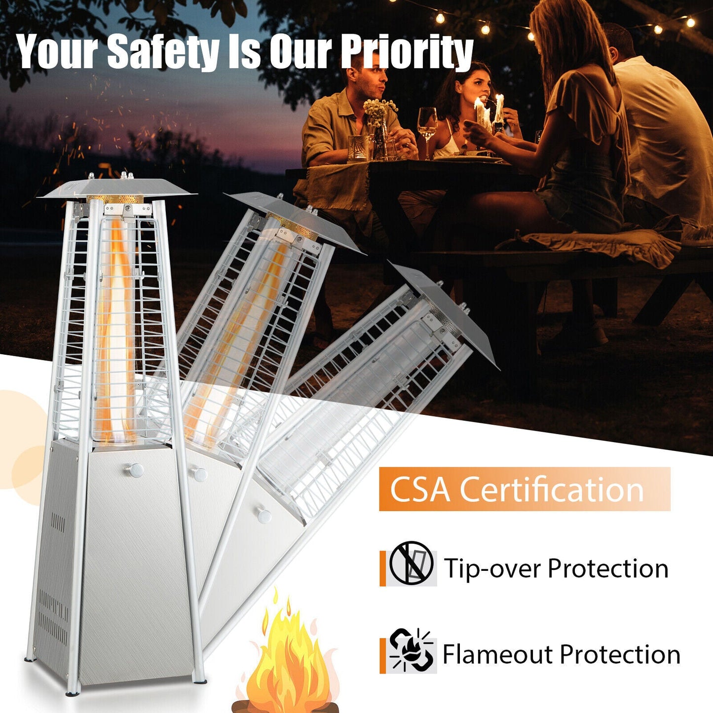 10,000 BTU Portable Stainless Steel Tabletop Patio Heater with Glass Tube