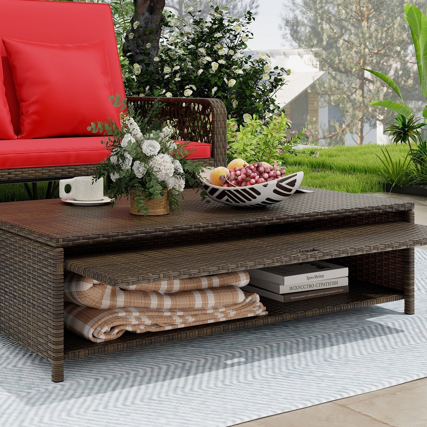 Patio Adjustable Wicker Daybed with 4-Level Backrest and Soft Cushions