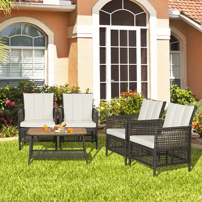 5 Pieces Patio Rattan Furniture Set Cushioned Sofa Armrest Wooden Tabletop-Off White