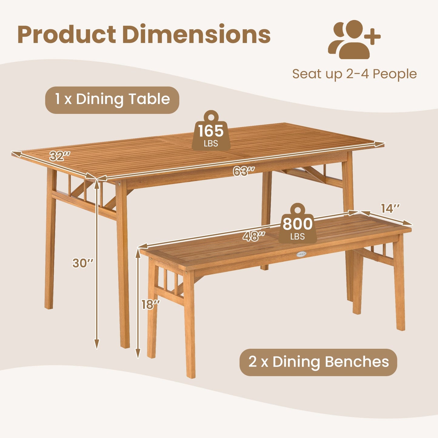 3 Pieces Patio Dining Set Acacia Wood Outdoor Rectangular Picnic Table and 2 Benches