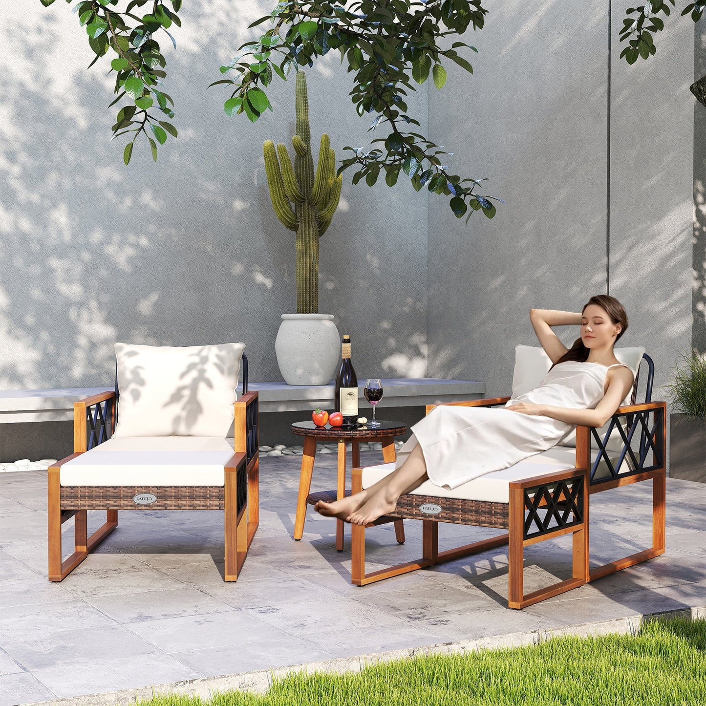 5 Pieces Patio Furniture Set PE Rattan Outdoor Conversation Set with Acacia Wood