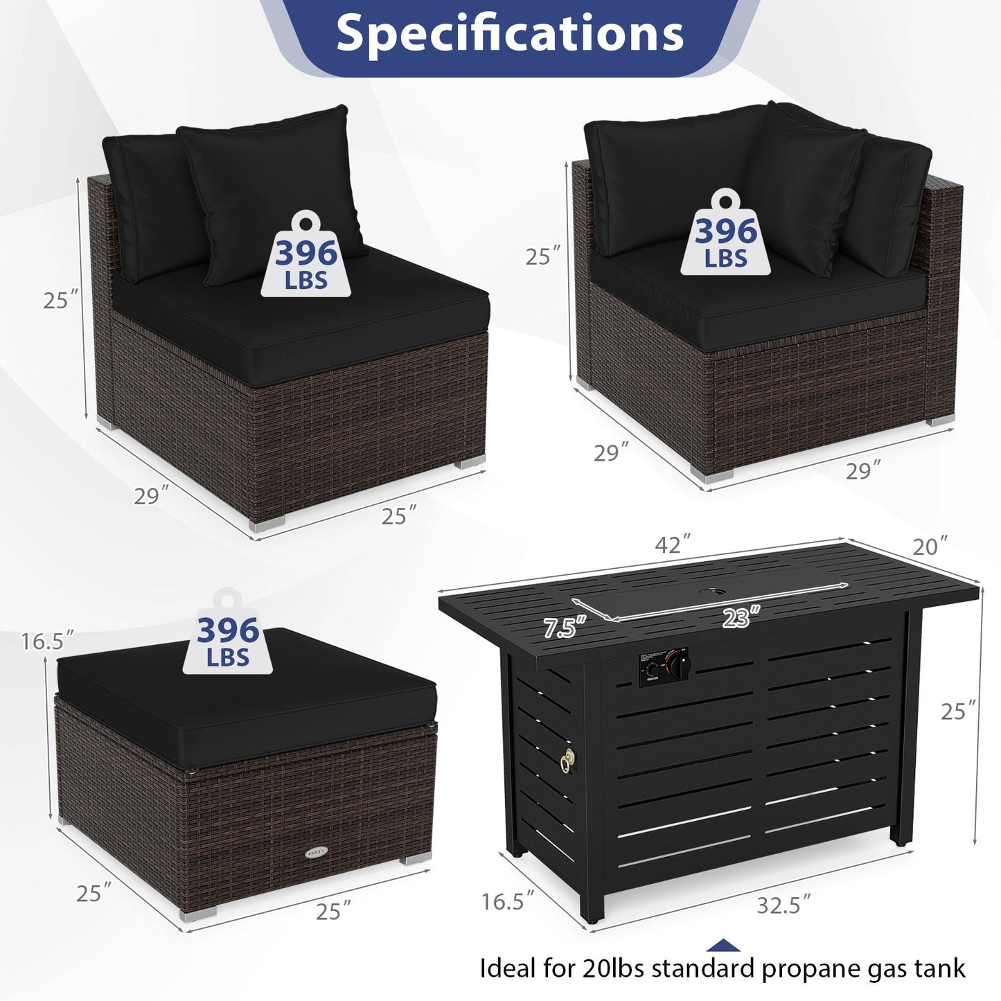 Heavy-duty Frame Rattan Sofa Set with 60000 BTU Firepit Table